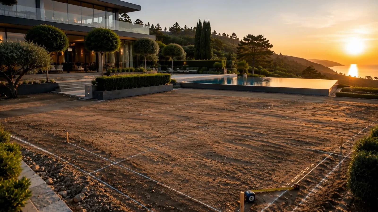 Uygulama öncesi: villa ve havuz önünde ip ile karelere bölünmüş çıplak toprak zemin, gün batımı.