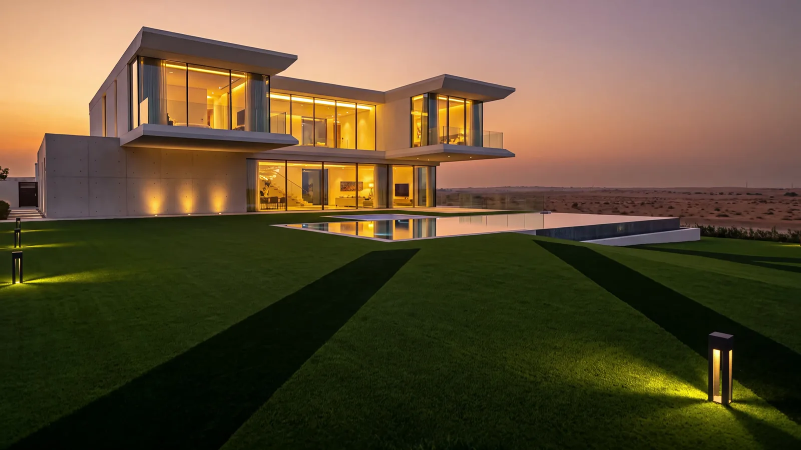 Simetrik kadrajda modern villa; önünde bantlı görünümde yapay çim ve sonsuzluk havuzu.