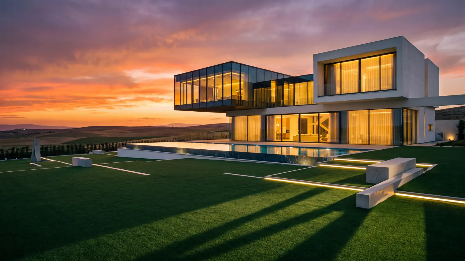 Gün batımında ultra modern bir villa; cam kütleler sıcak ışıkla parlıyor, önde geniş yapay çim bahçe.